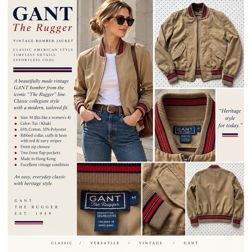 GANT The Rugger Bomber Jacket Medium Tan Khaki Red Navy Striped Varsity Vintage